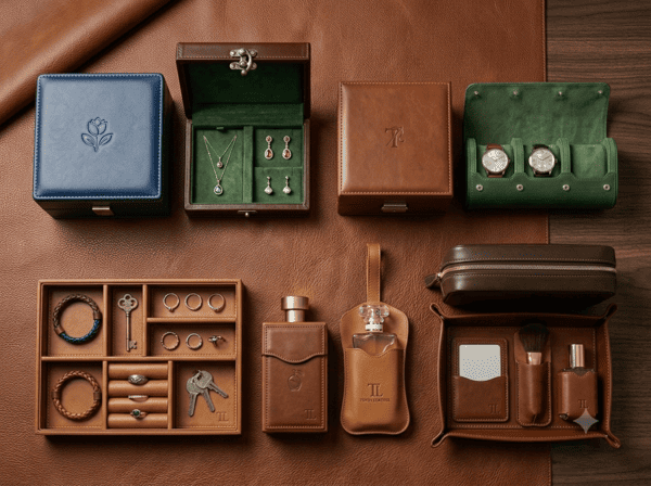 Custom leather luxury packaging -- jewelry boxes, watch rolls, perfume packaging